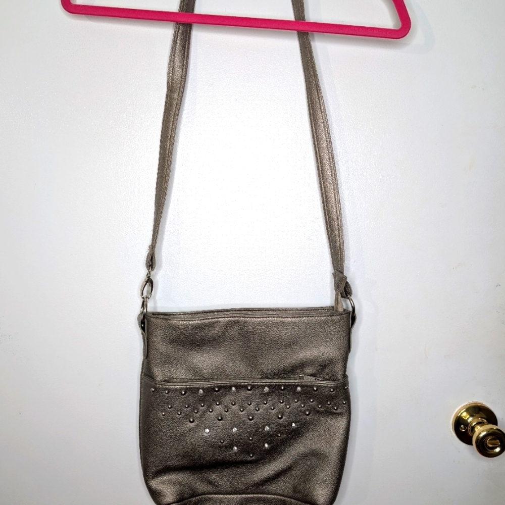 Elegant Metallic Shoulder Bag Pewter Colored. Studs And Rhinestones.